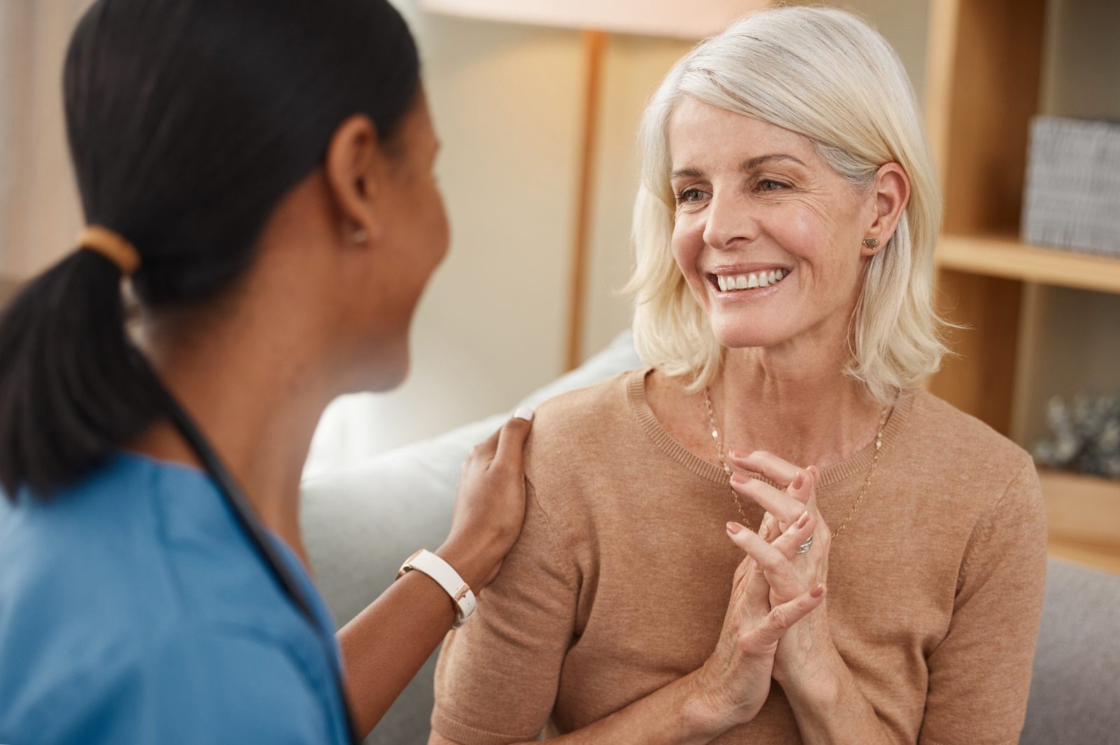 caregiver having a consultation with a senior woman at home